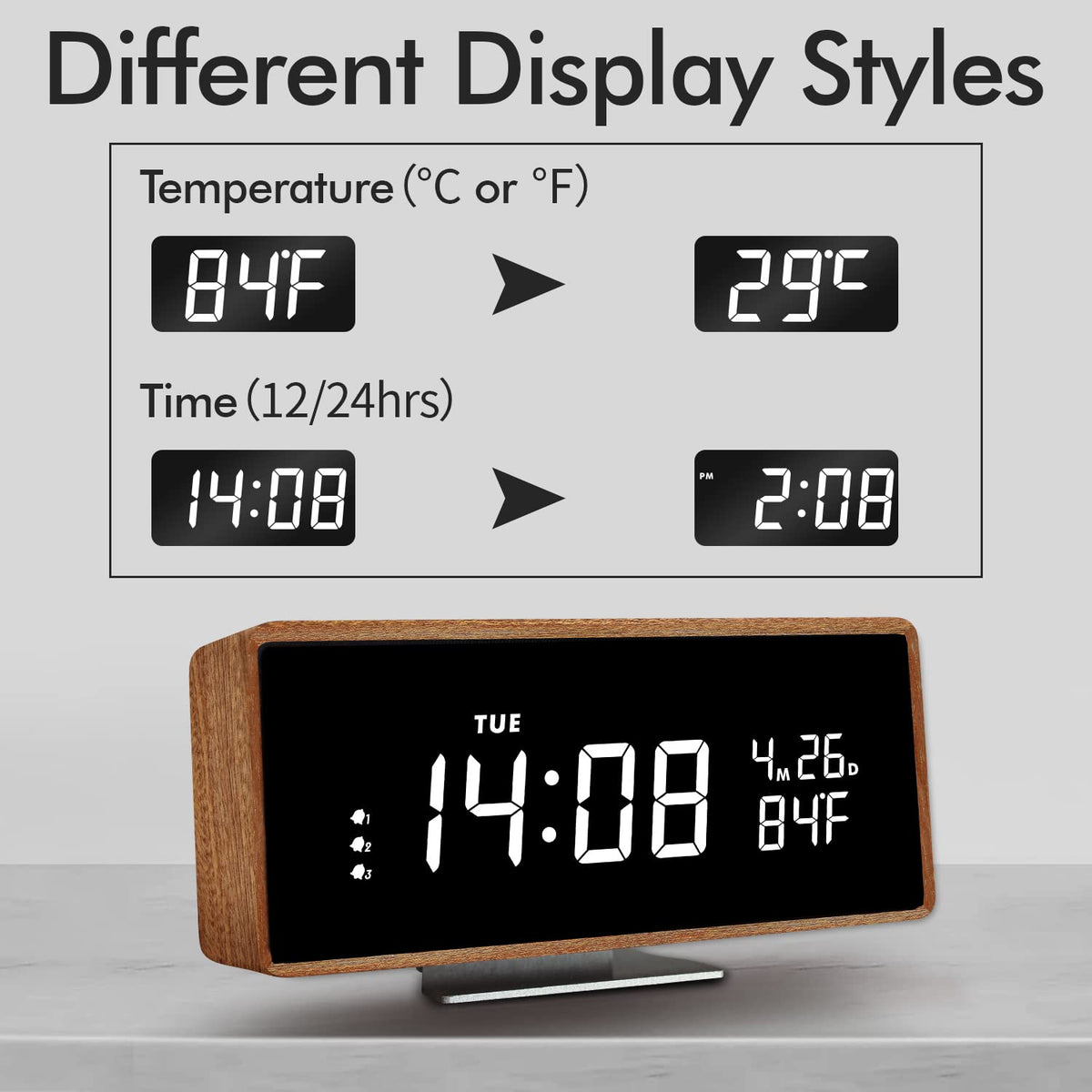 SCOAGE Wooden Digital Alarm Clock with Bluetooth Speaker Temperature Date Smart Electric Digital Bedside Clocks Night Light Table Snooze Large Display Alarm Clock Decor for Desk Bedroom Kid' s Room