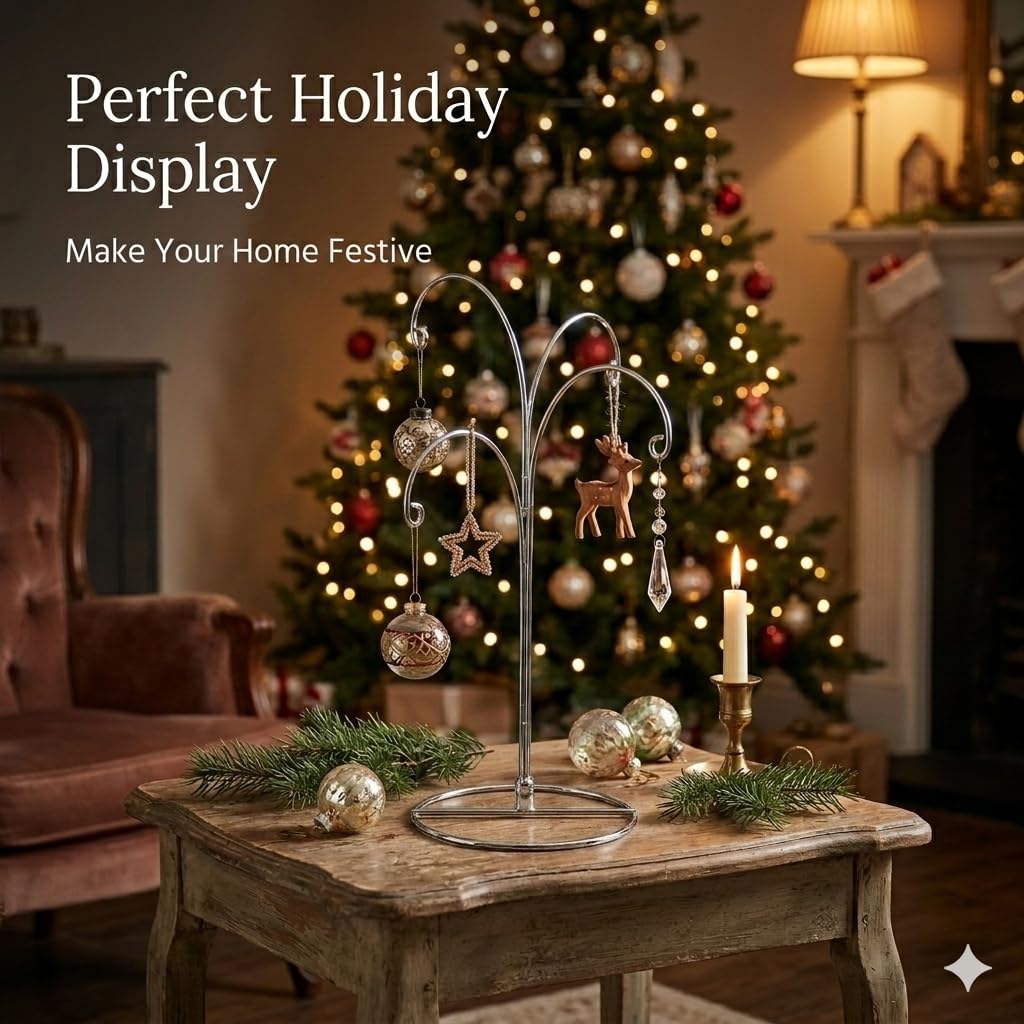 HOHIYA Ornament Display Stand 12 Inch 2 Pack 4-Arm Metal Ornament Holder for Christmas Decorations Crystal Ball Hanging Ornaments Jewelry Display Stand Chrome Silver