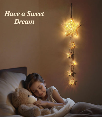 Lewondr Hanging Light, Rattan Star Shape Fairy Lights Indoor Decorative Lights Window Light Battery Operated Star Lights for Children's Room Bedroom Party Decoration with Timer Function, White