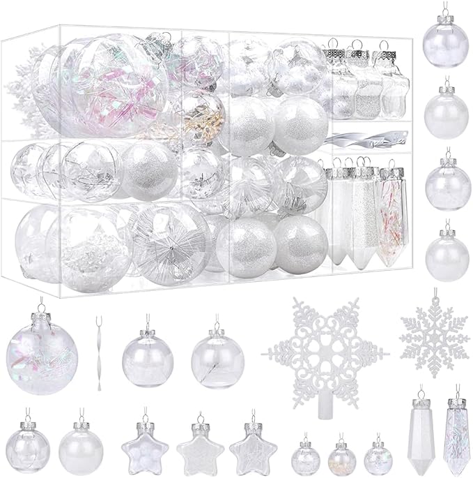 SHareconn 86PCS Christmas Balls Ornaments Set,Shatterproof Plastic Clear Decorative Baubles for Xmas Tree Decor Holiday Wedding Party Decoration, White