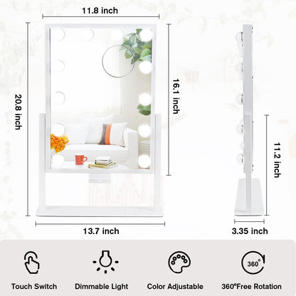 Lighted Makeup Mirror Hollywood Mirror Vanity Mirror with Lights, Touch Control Design 3 Colors Dimable LED Bulbs, Detachable 10X Magnification, 360°Rotation, (White) 12" L x 14" W