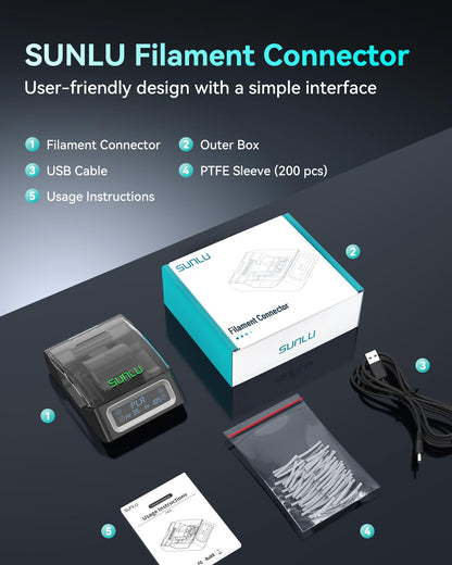 SUNLU Official Filament Joiner, Filament Connector with 200 PCS PTFE Sleeve for 3D Printer Filament 1.75mm 240°C Fast Heating Compatible with PLA PETG TPU ABS PA Nylon, Easy to Use