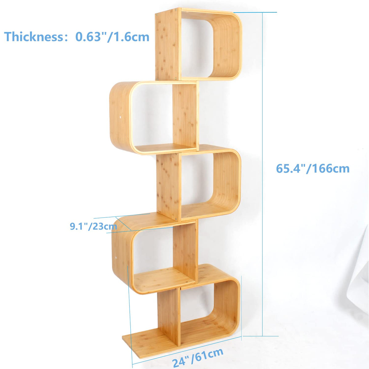briteman S-Shaped Geometric Modern Bamboo Bookshelf, Large Capacity Creative Display Curved Rack Free-Standing 2 in 1 Bookcase Storage CDs, DVDs Book Shelf for Home, Office, Living Room (NEW 5-Tier)