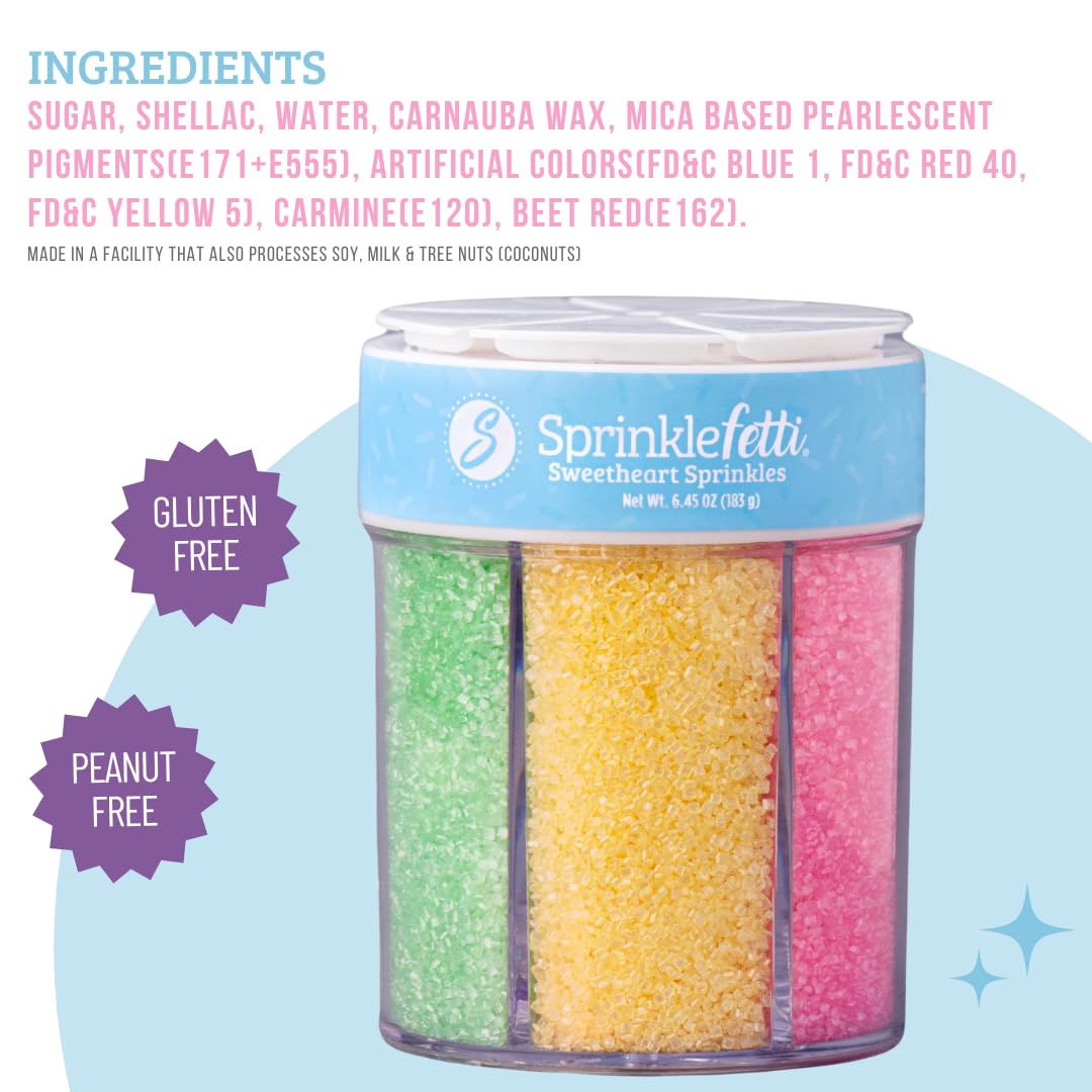 Sweets Indeed Valentines Sprinkles 6-Cell Jar | Heart Sprinkles, Red White Pink Jimmies & Sanding Sugar | Baking & Decorating | 6.45 ounces
