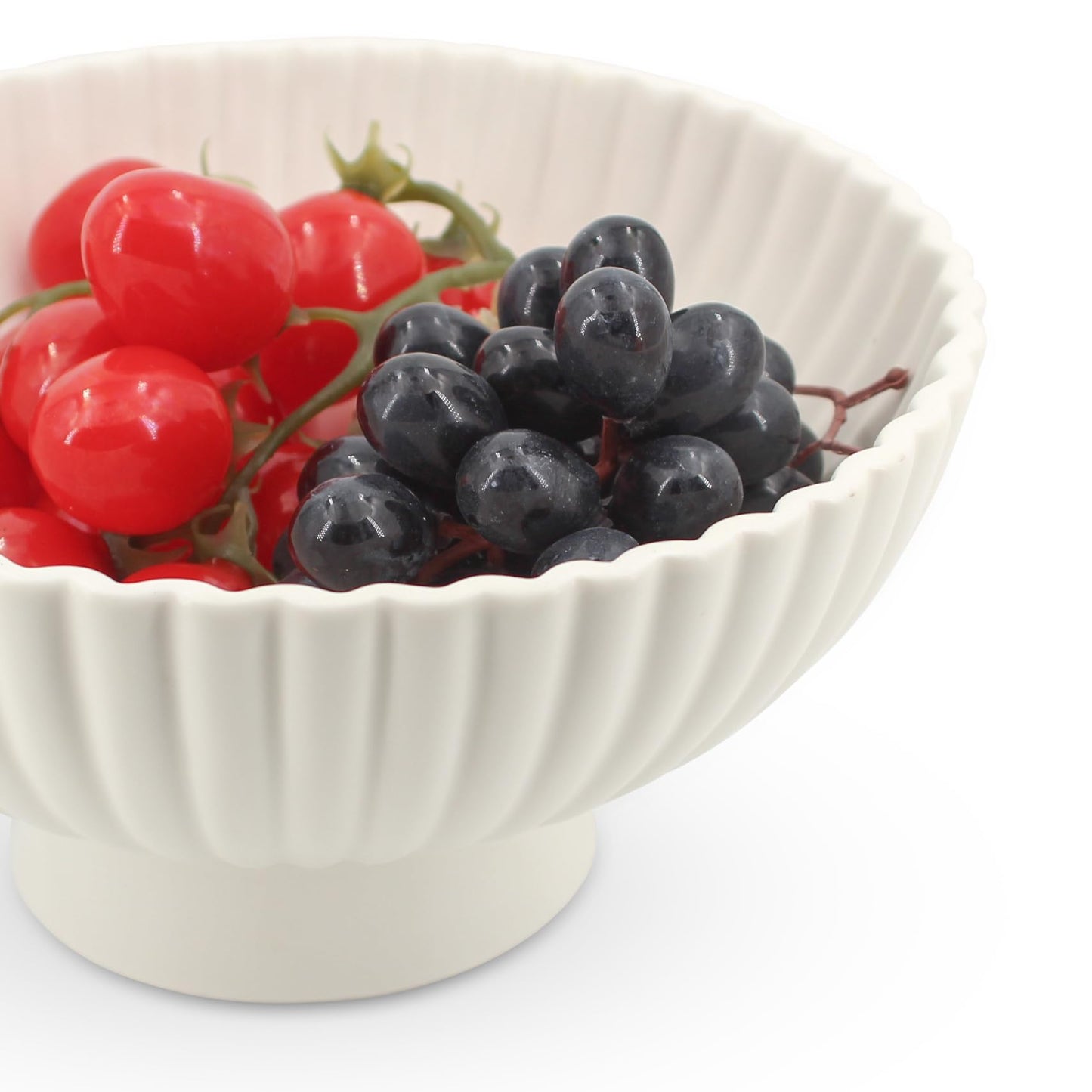 Modern 8 Inch White Ceramic Fruit Bowl - Small Footed Pedestal Fruit Bowl for Kitchen Counter, Farmhouse Chic Centerpiece for Dining Coffee Table & Home Decor,Key Ruffle Bowl for Entryway Table ﻿