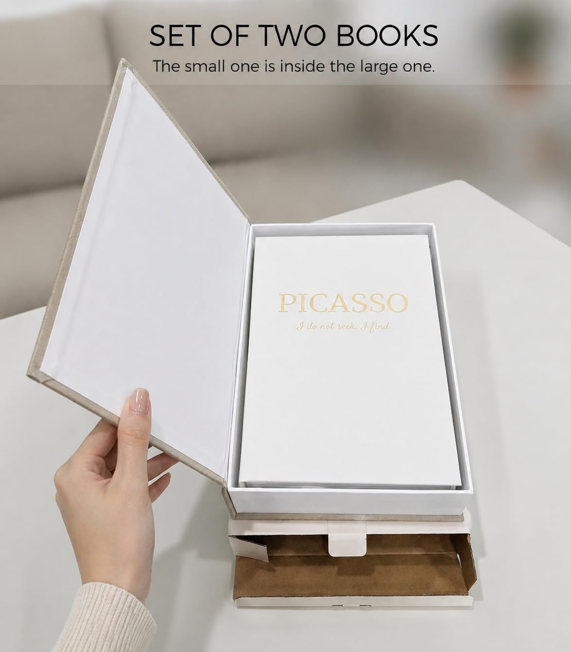 Decorative Books with Picture Frame Set - Neutral Linen Books for Home Decor - Stackable Faux/Fake Bookfor Coffee Table, shelf, entryway, Bedside - Hidden Storage Box for Remote & Photo（Set of 2）