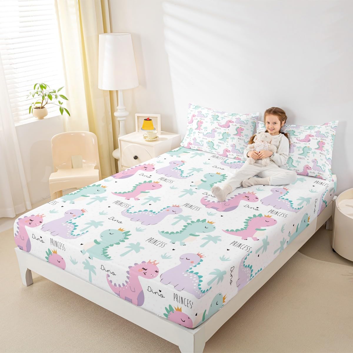 Dinosaur Fitted Sheet Pink Purple Dinos Bedding Set For Kids Girls Cartoon Bed Cover Jungle Safari Lovely Cute Animals Bed Sets Child Kawaii Room Decor With 1 Pillow Case Twin Size No Top Flat Sheet