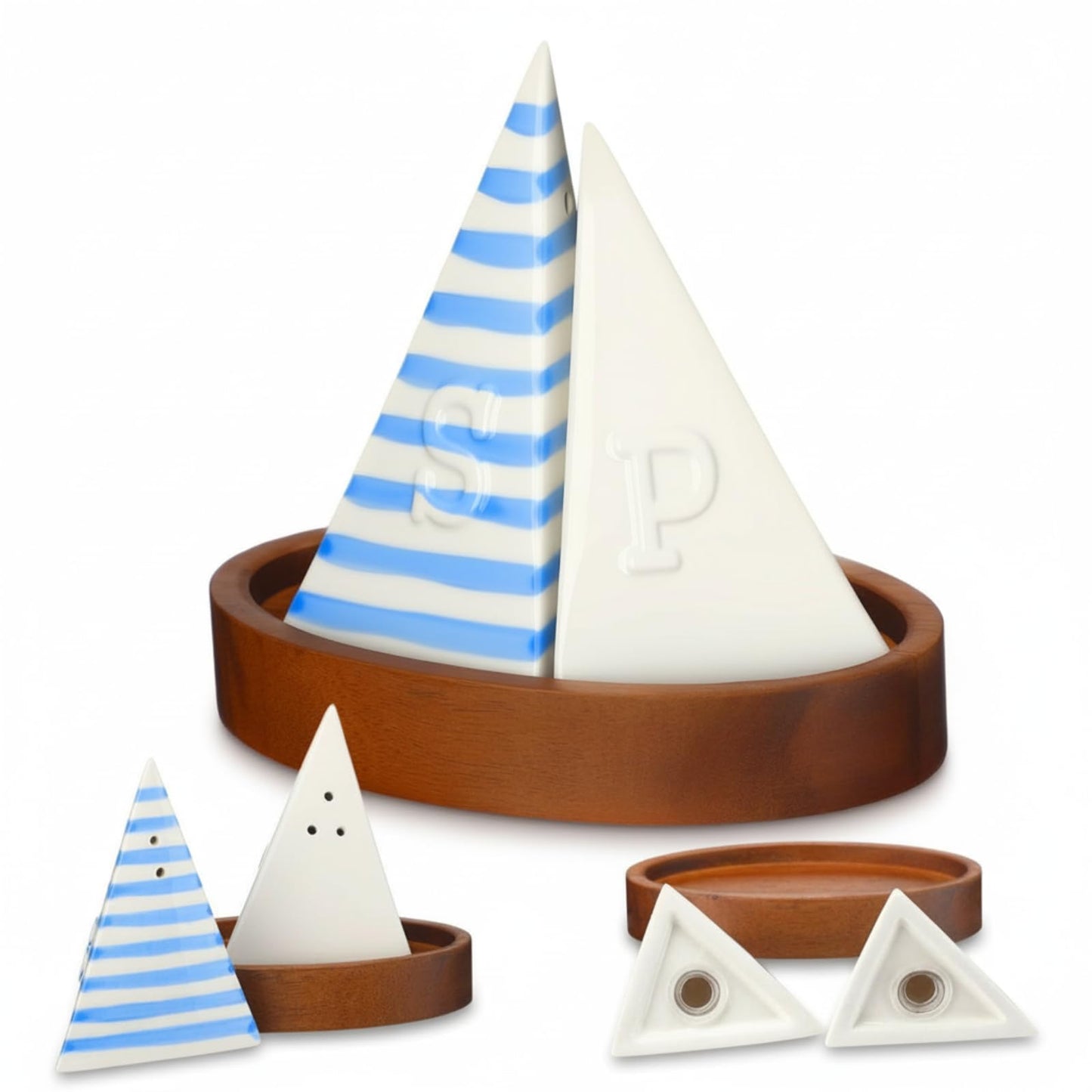 Qinyoung Ceramic Sailboat Salt and Pepper Shaker with Wooden Tray Blue White 5 Inch Kitchen Table Home Furnishings for Nautical Theme Party Summer Event