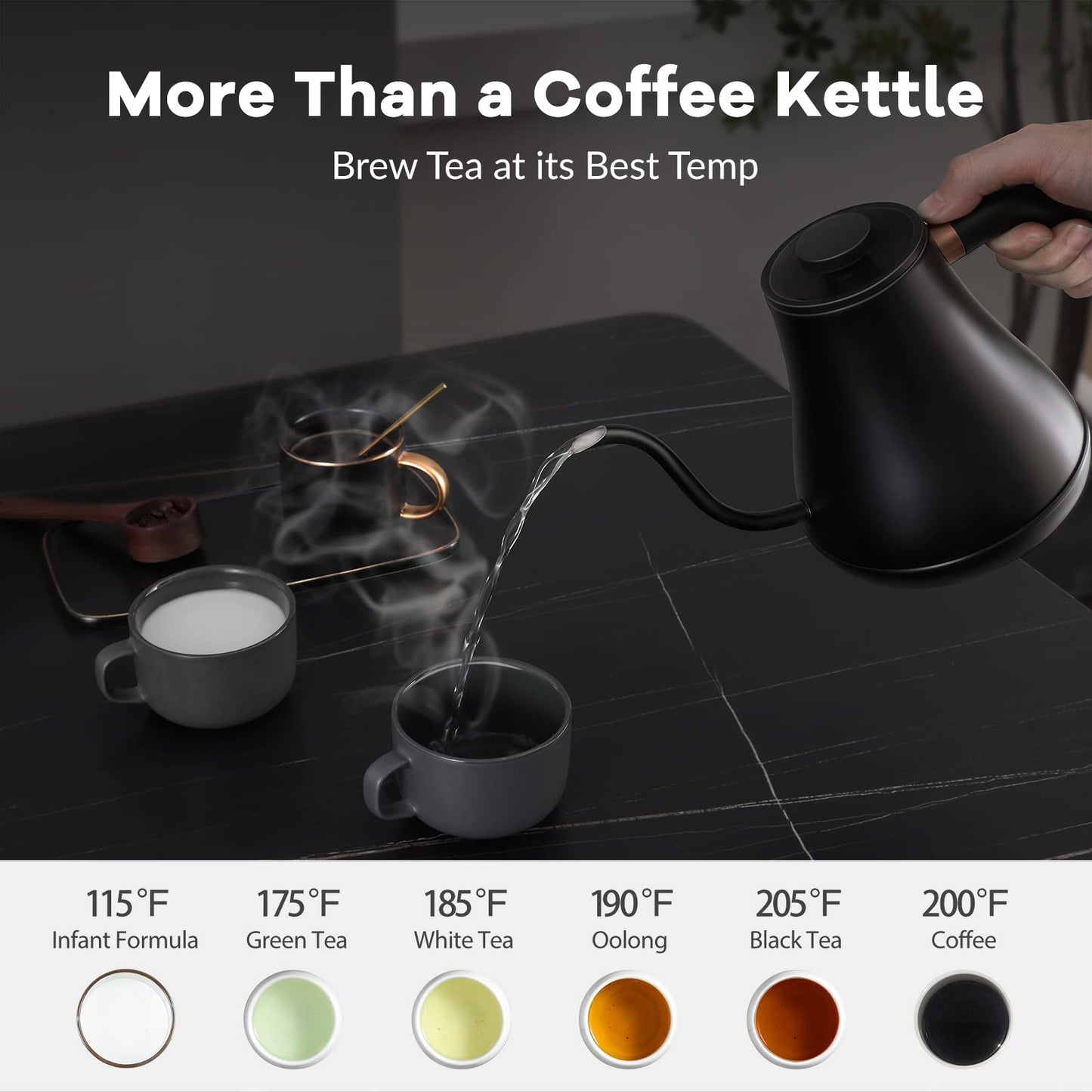Mecity Electric Kettle Gooseneck Pour Over Kettle ±1℉ Temperature Control Quick Heating Water Boiler for Coffee & Tea & Formula Auto Shut Off Tea Kettle 1200 Watt, 0.8L, Matt Black, Barista Edition