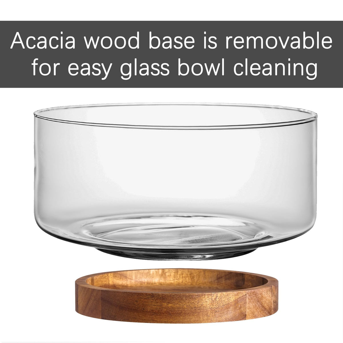 LiTY Glass Salad Bowl Set, 9″ Medium Salad Servers with Acacia Wood Base and Salad Serving Utensils, for Party, Fruits, Popcorn, Chips, Pasta, Kitchen Must-Have