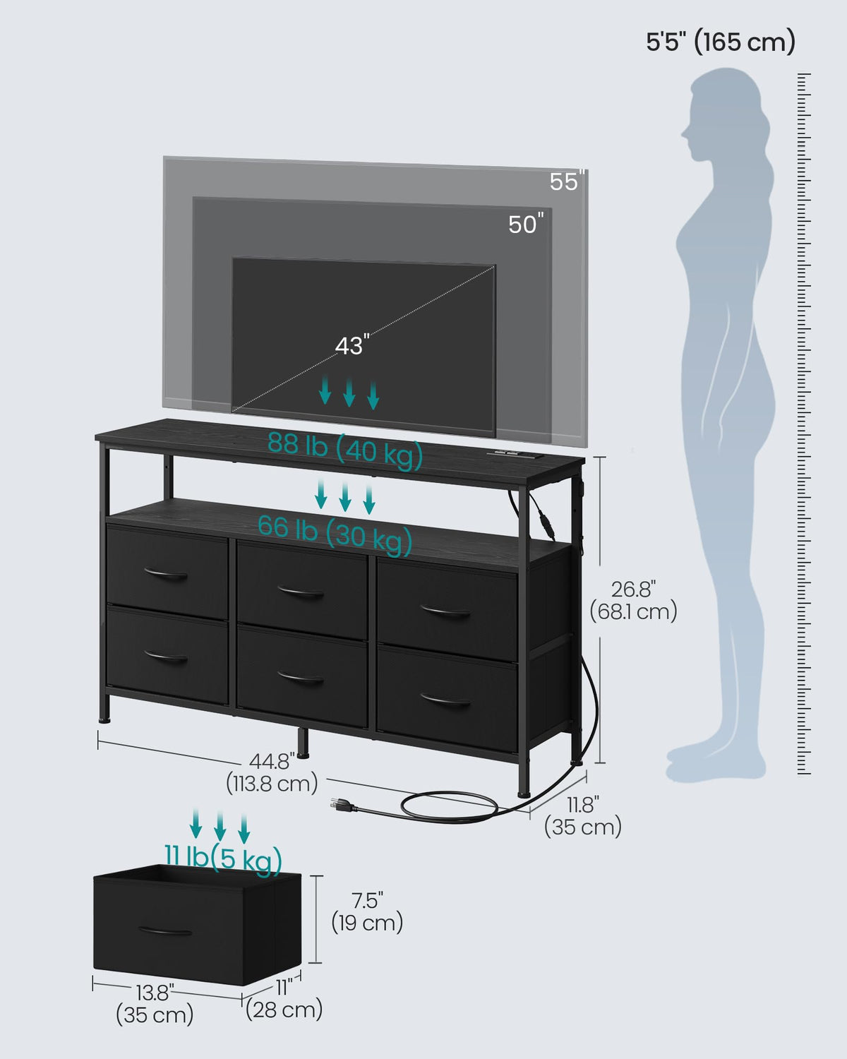 SONGMICS BELLAH Collection - Dresser for Bedroom, Chest of Drawers, TV Stand for TVs Up to 55 Inches, Living Room, Closet, 6 Drawers and 1 Shelf, Modern, Ink Black ULGS833BH02S