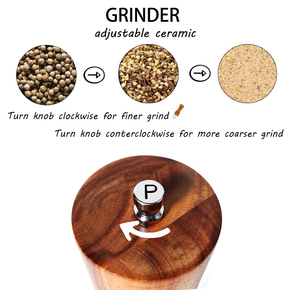 Wooden Salt and Pepper Grinders Set, 8 inch Acacia Wooden Salt and Pepper Mills Shakers Kit Ceramic Rotor with Strong Adjustable Coarseness