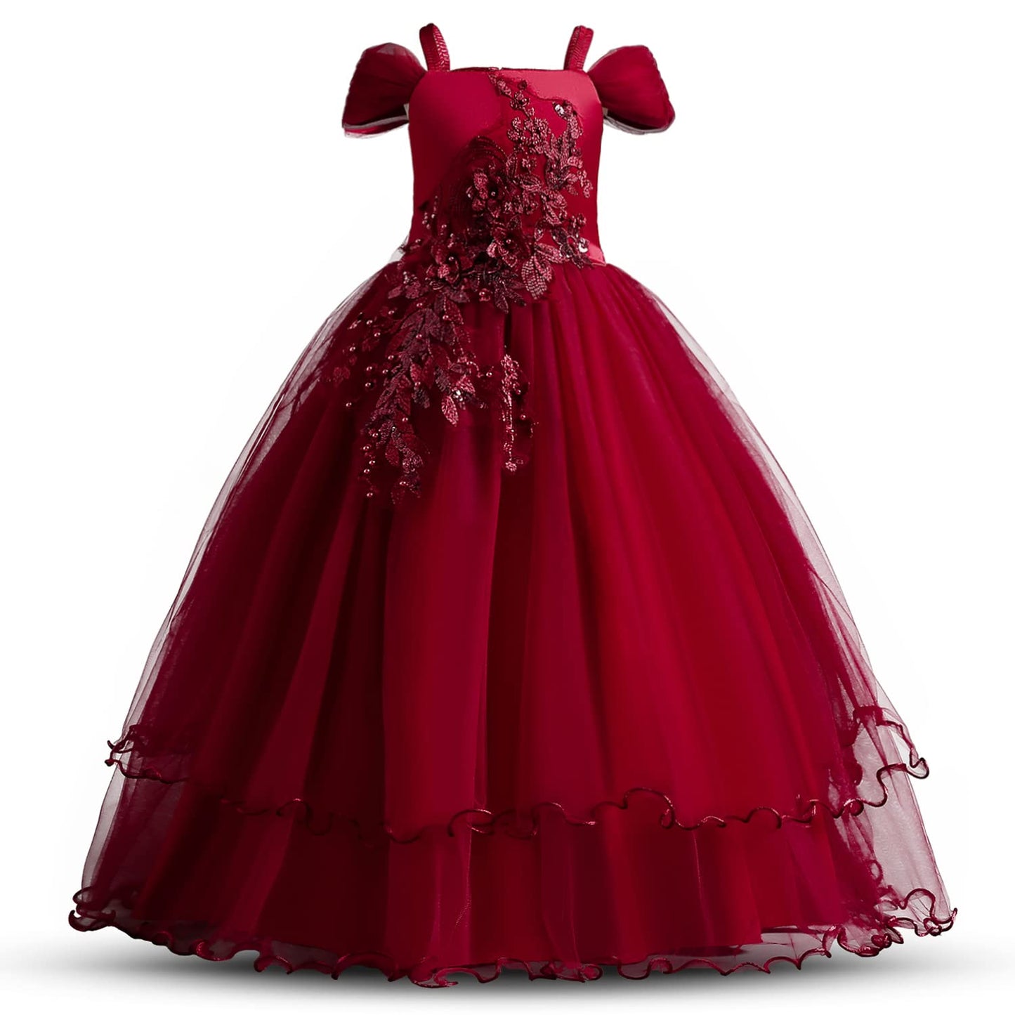 TTYAOVO Girls Applique Prom Gowns Luxury Wedding Birthday Party Princess Long Dresses Size(160) 11-12 Years Red