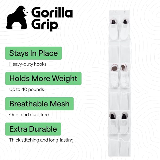 GORILLA GRIP Over the Door Shoe Organizer, 12 Large Breathable Mesh Pockets