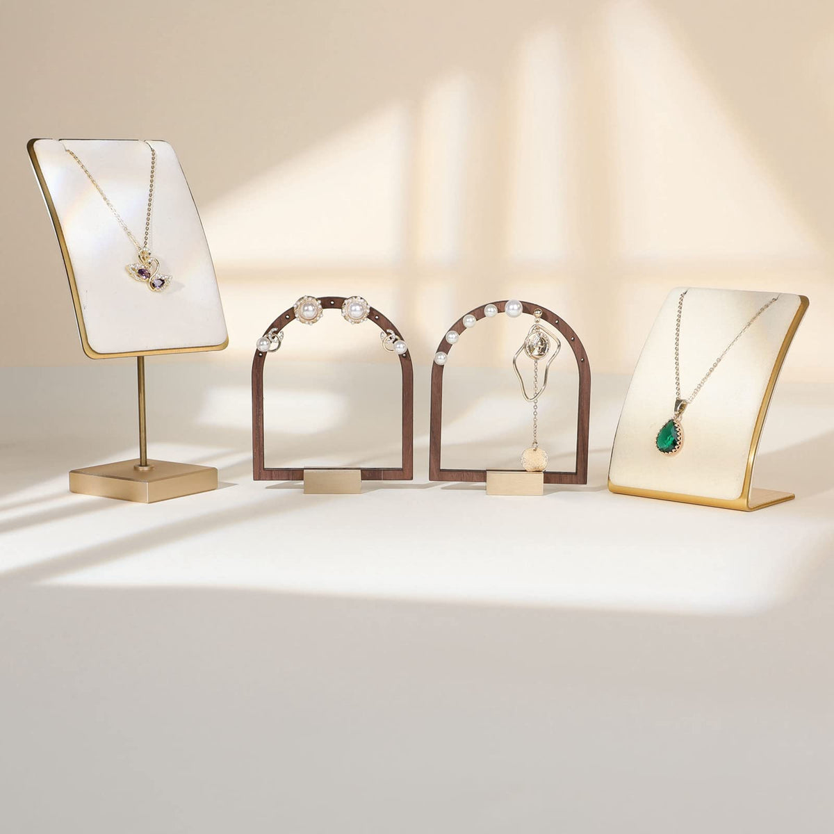 GemeShou 3pcs Wooden stud earring organizer holder, walnut earring hangers with brass base, Small Cute earring display for selling with 9 holes for each【Arch frame-3pcs】