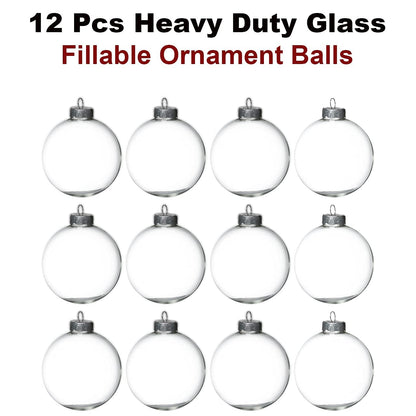 4E's Novelty 12-Pack 3.15 Inch Clear Glass Christmas Ornament Balls - Fillable with Hanging Cord, DIY Glass Ornaments for Xmas Tree