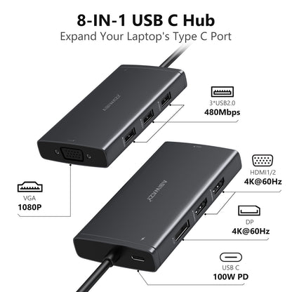 USB C Docking Station Dual Monitor for Dell/HP/Lenovo/Surface Laptop, 14 in 1 Triple Display Hub Multiple Adapter, Dongle with 2 HDMI 4K+VGA+5 Port+100W PD Charger+Ethernet+SD/TF+Audio