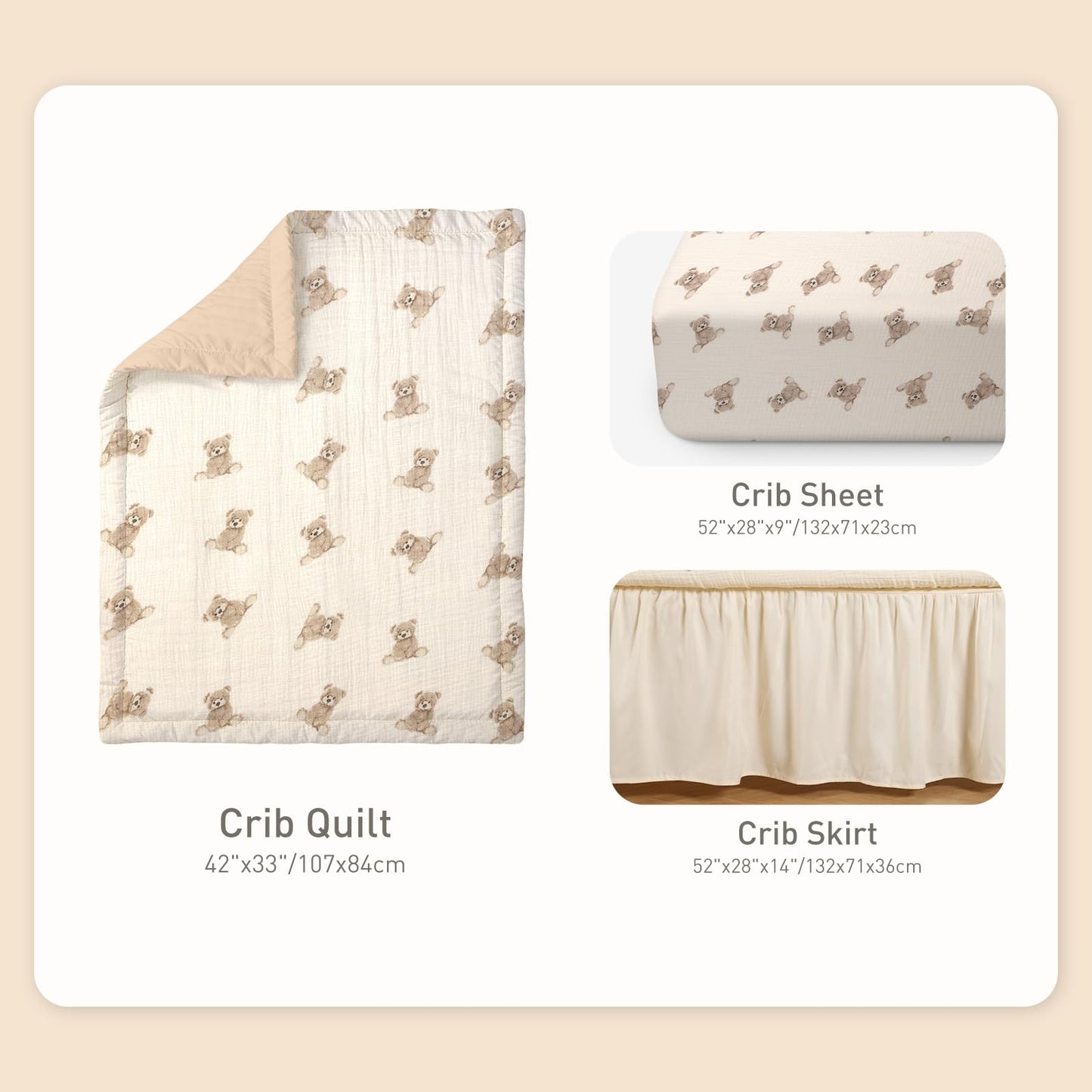 Organic Cotton Muslin Baby Crib Bedding Set 3 Piece Soft for Infant Newborn Toddler Boys Girls 52"x28", Nursery Bed Quilt Set Decor with Fitted Crib Sheet, Boho Quilted Comforter Blanket, Bed Skirt