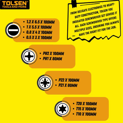 Tolsen 13pcs VDE Insulated Electricians Screwdriver Set with Rubber Handle in Hard Case | Interchangeable | Magnetic Tips | 1000V | Ideal for Electrical, Home and DIY Projects