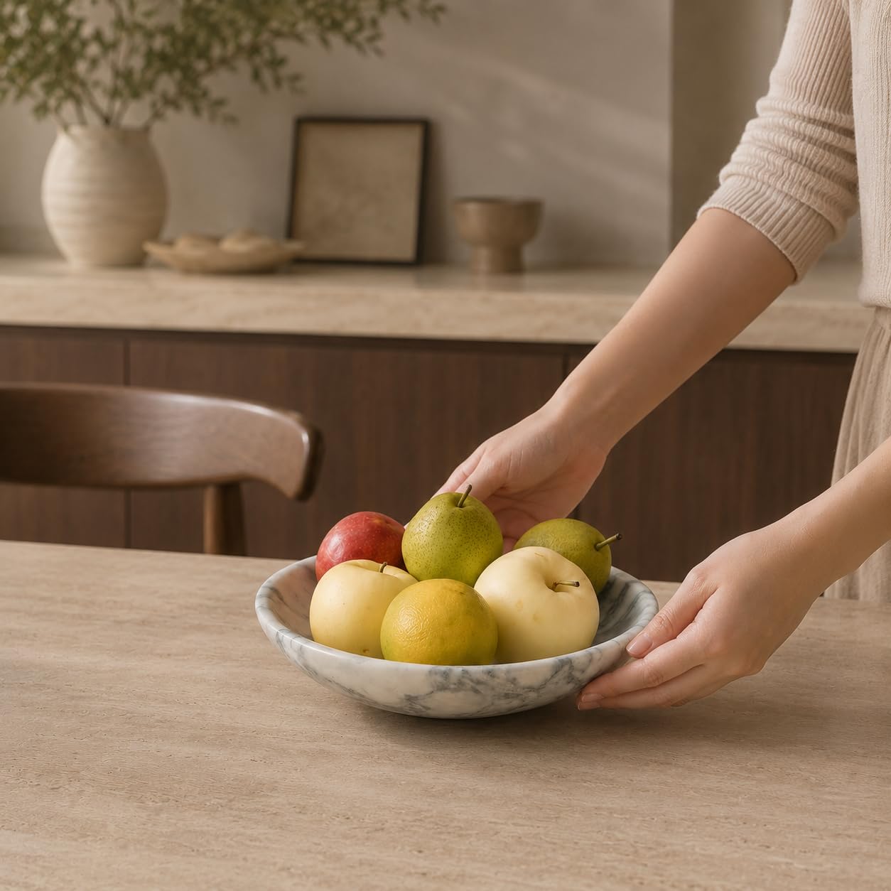 KROUJITY Marble Decorative Bowl Large White, Handcrafted Natural White-Grey Stone Bowl for Home Decor, 11" Large Entryway Bowl for Key, Coffee Table Bowl, Marble Fruit Bowl for Centerpiece