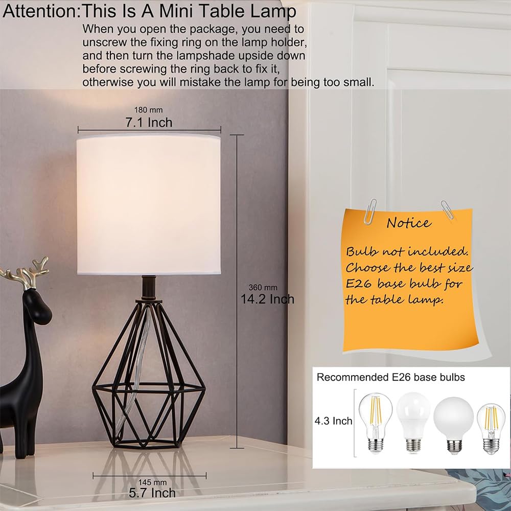 COTULIN Black Bedside Table Lamp,Small Nightstand Lamp for Bedroom,Modern Desk Lamp with TC Fabric Shade Geometric Metal Base for Living Room Study Office Farmhouse