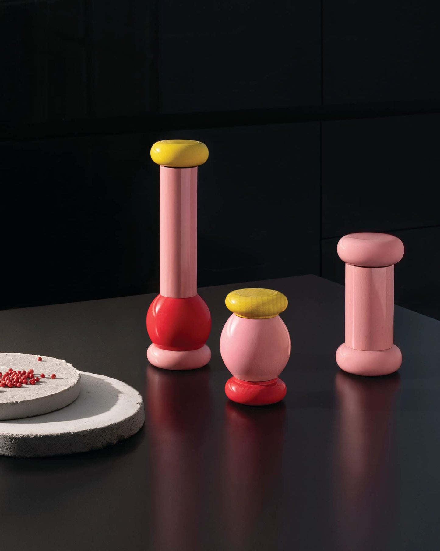 Alessi ES18 2 Salt, Pepper and Spice Grinder in Beech-Wood, 100 Values Collection, Yellow,red,Pink