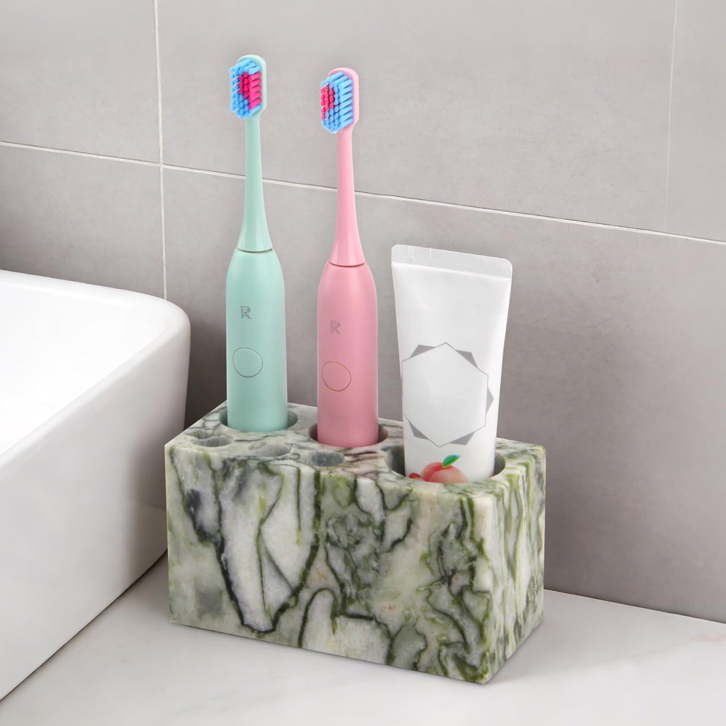 Natural Marble Toothbrush Holder,Large Bathroom Organizer Countertop,Stone Toothbrush and Toothpaste Stand with Non-Slip Silicone Pads (1,Green Emerald,6 Slots)