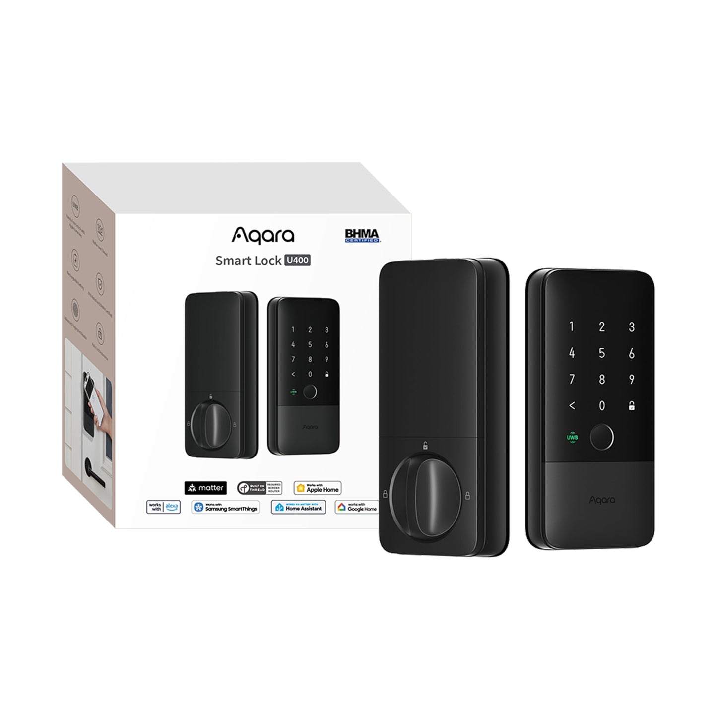 Aqara UWB Smart Lock U400, Matter Over Thread, Apple Home Key, Fingerprint Keyless Entry Deadbolt,Touchscreen Keypad, Rechargeable Battery, Supports HomeKit, Alexa, Google, Home Assistant, Black