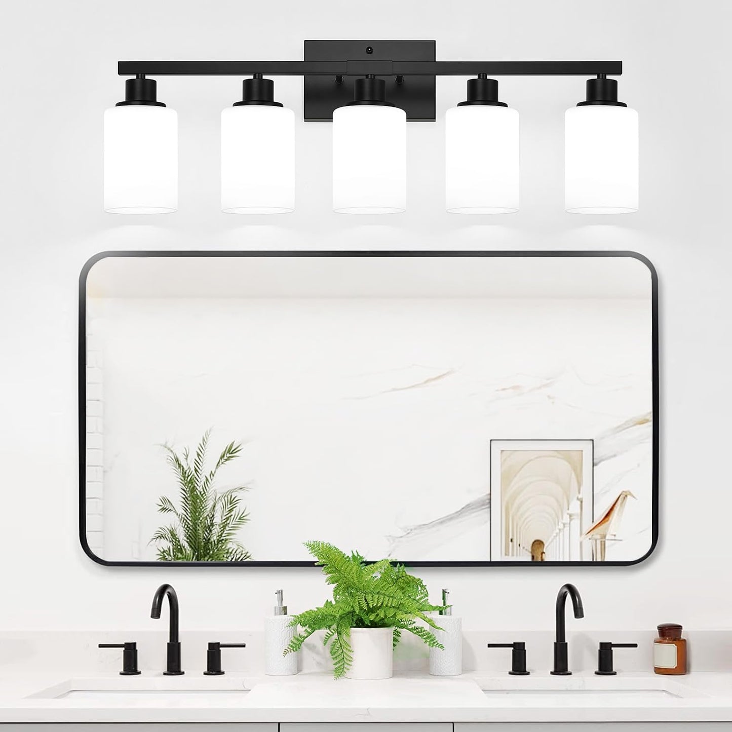 5-Light Bathroom Light Fixtures, Vanity Light with Milky White Shades, Matte Black Bathroom Light Fixtures Over Mirror, Modern Bathroom Wall Lamp for Mirror Living Room Cabinet Bedroom