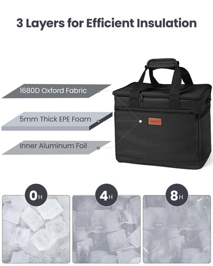 Kollea Black Cool Bag - 30 Litre Cool box -Insulated Cooler Bag Lunch Bag Keep Warm and Cold, Leak-Proof, With Carriying Straps, Multiple Pockets - Ideal for Travel, Camping, Picnics, BBQ