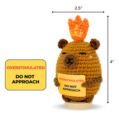 Overstimulated Do Not Approach Desk Sign, Handmade Crochet Capybara Plush with Card, Mini Desk Decor with Wooden Stand, Gift-Ready Organza Bag, Funny Office Cubicle & Home Office Gift