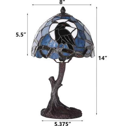 Bieye L12010 Raven Sitting on Bare Tree Branch in Full Moon Night Tiffany Style Stained Glass Table Lamp for Home Decor (Dark Blue, 8Wx14H)