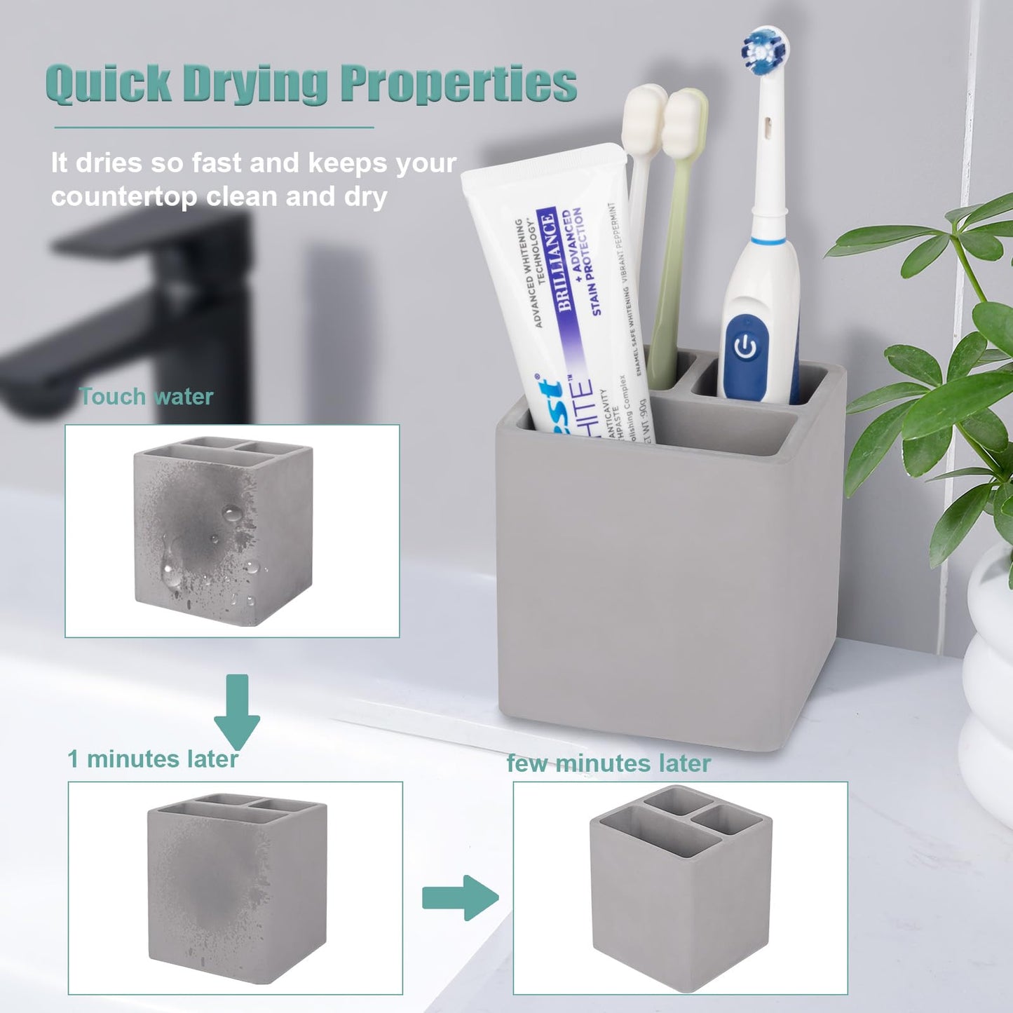 Diatomite Toothbrush Holders for Bathrooms, Electric Toothbrush and Toothpaste Holder 3 Slots Tooth Brush Organizer for Bathroom Countertop, Shower, Vanity - Dark Gray