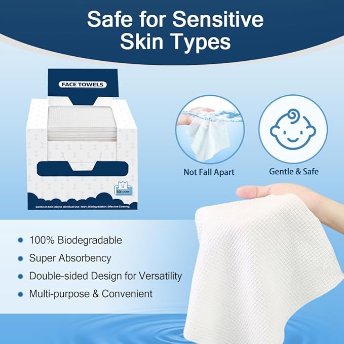 GLIMGLINT Face Towels, Biodegradable Makeup Remover Dry Wipes, Super Soft Clean