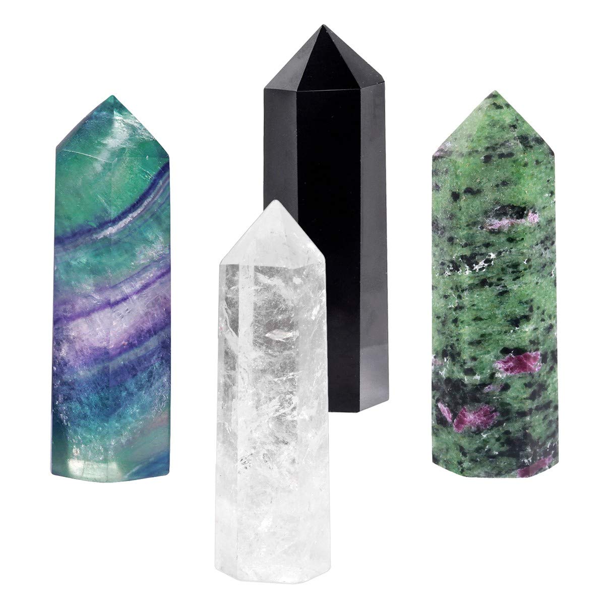 SUNYIK Gemstone Healing Crystal Points Wand, Single Terminated Wand Prism for Meditation, Fluorite Ruby in Fuchsite Rock Quartz Black Obsidian, Pack of 4