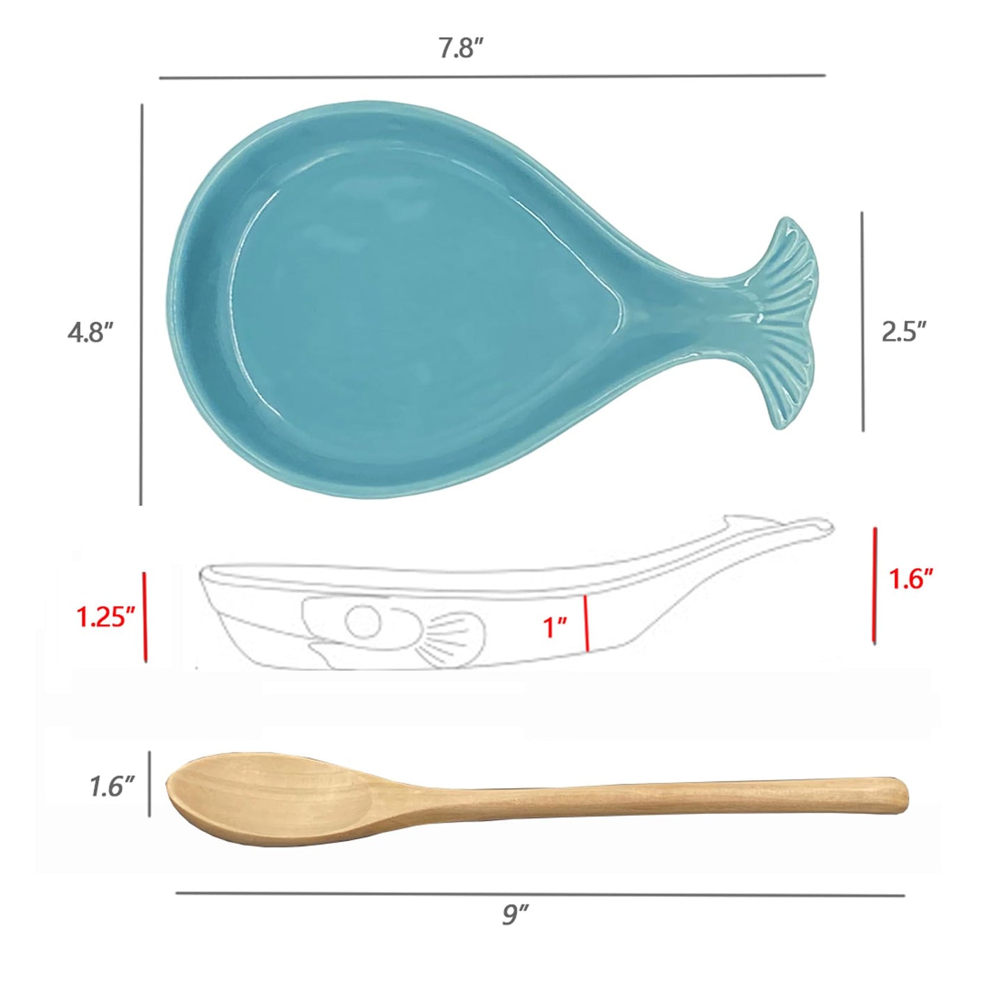 WSKC Ceramic Spoon Rest for Kitchen with Wooden Spoon, Whale Shape, 4.8W X 7.8L