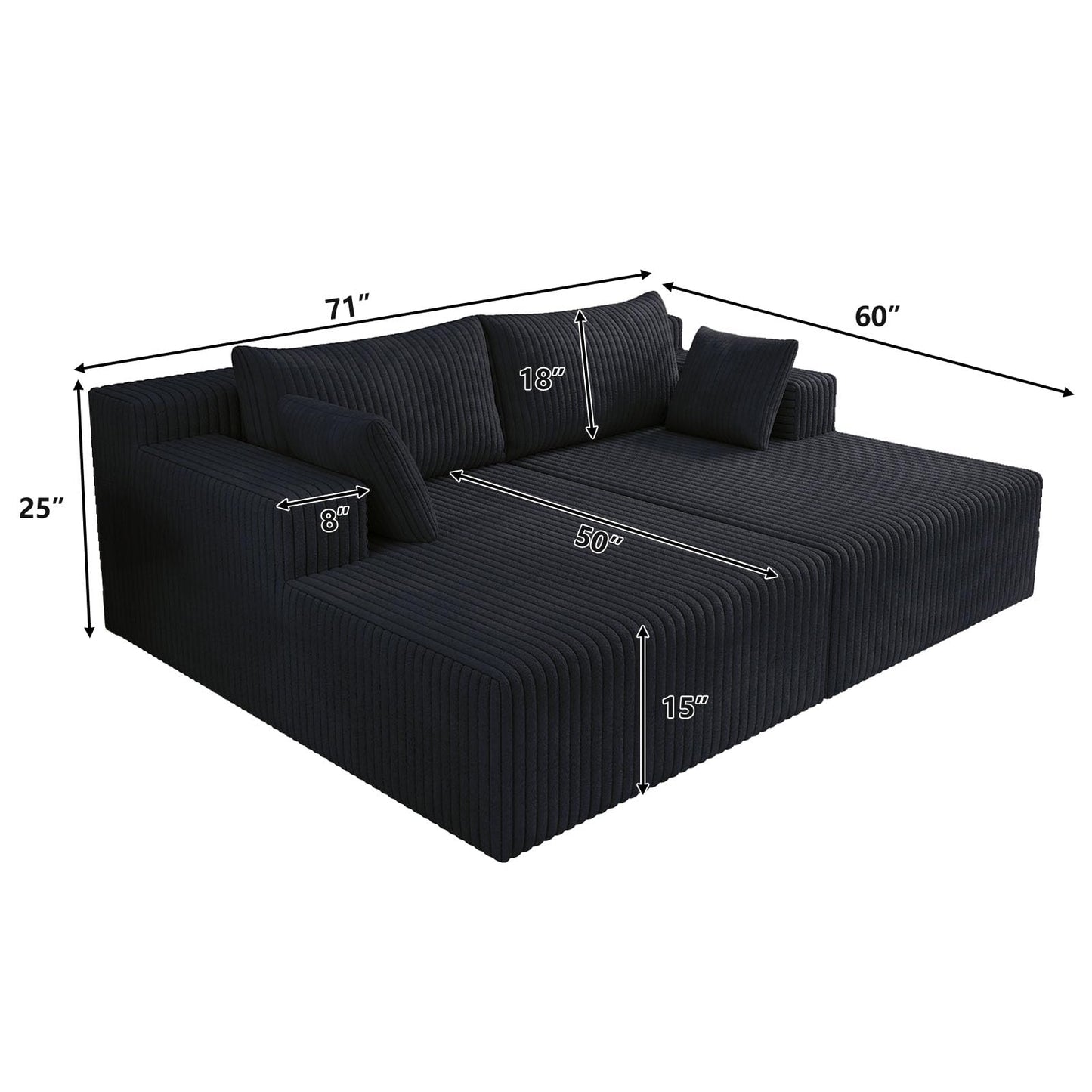 KEIKI 71" L Oversized Double Lounge Chaise Indoor, Corduroy Deep Seat Sectional Modular Couch Sleeper Loveseat Chair, Boneless Upholstered Reading Lazy Cloud Plush Sofa Bed for Living Room, Bedroom
