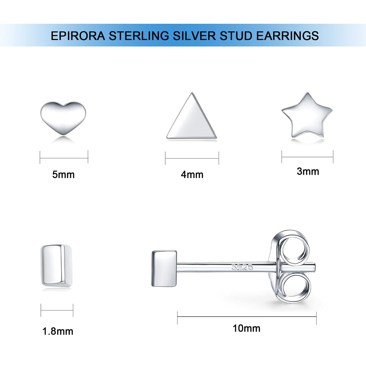 Sterling Silver Stud Earrings for Women Men- 4 Pairs of Hypoallergenic Simple Geometric Small Stud Earring Set Tiny Triangle Square Heart Star Stud Earrings Mini Cartilage Tragus Earrings, Silver