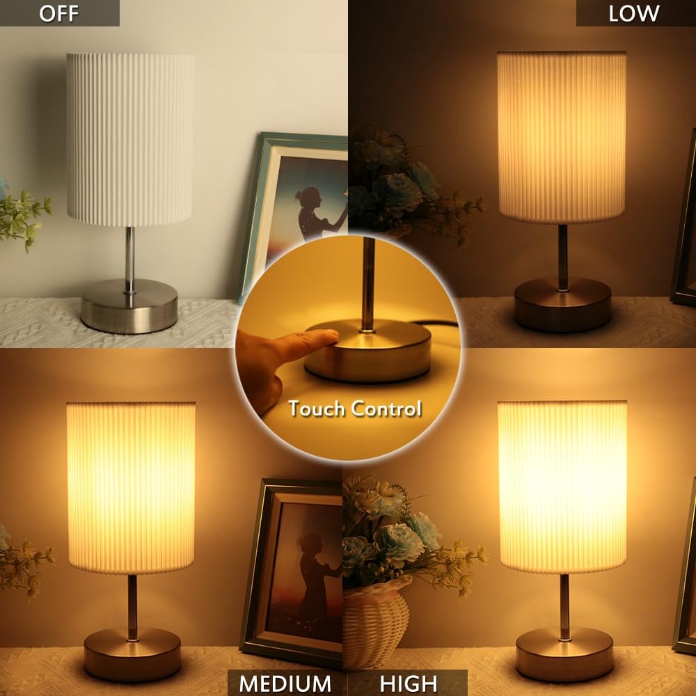HSLighting Bedside Lamps, Touch Control Table Lamp 3-Way Brightness Dimmable Small Lamp with Metal Base LED Desk Lamp Minimalist Nightstand for Bedroom Living Room Gift Decor, Dimmable Bulb Included
