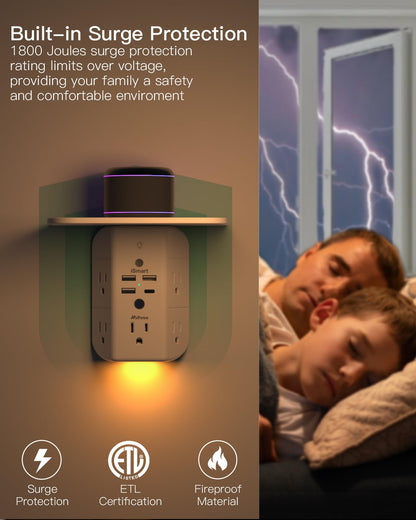 Wall Outlet Extender with Shelf and Night Light,Surge Protector,USB Wall Charger with 5 AC Outlets and 3 USB Ports 1 USB C Outlet Wide Space 3-Sided Power Strip Multi Plug Outlets…