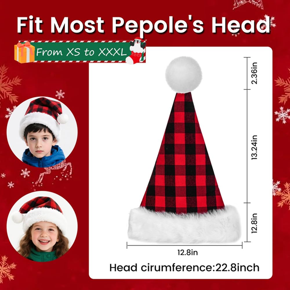 ALIMITOPIA 2pcs Christmas Santa Hat,Double Layer Luxury Plush Christmas Santa Claus Cap Xmas Hat for Adults (Plaid)