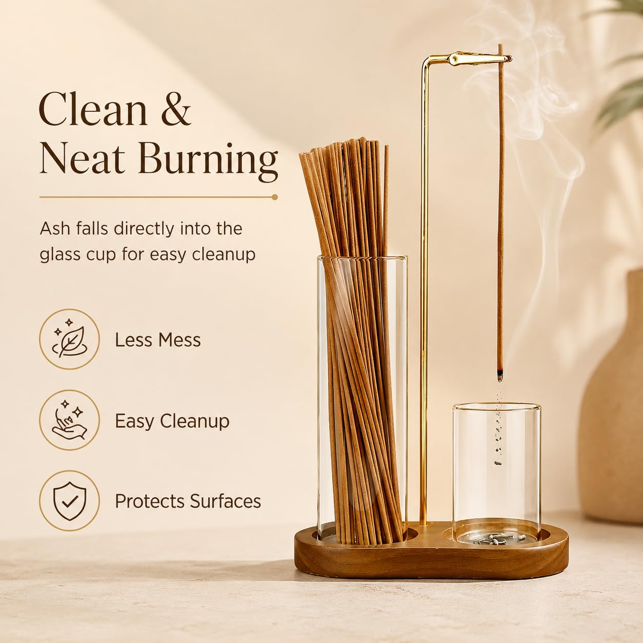 Incense Holder for Sticks, Wooden Incense Burner with Glass Ash Catcher, Anti-Ash Vertical Incense Stick Holder for Meditation Yoga Spa Home Decor