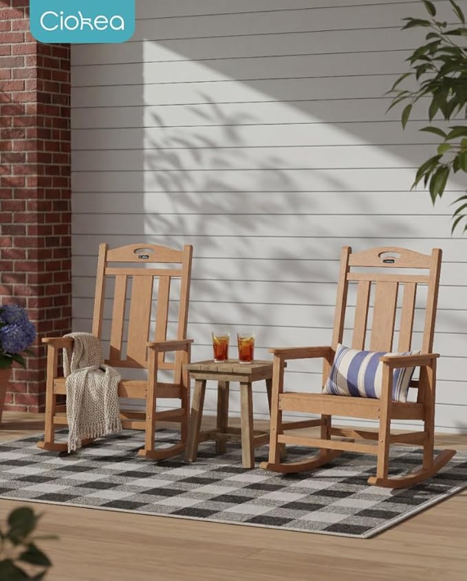 Ciokea Oversized Outdoor Rocking Chair, 380lbs Heavy-Duty Large Patio Rocker, Weather Resistant & Anti-Fade Porch Chair, High Back Cozy Rocking Chair for Outside, Fire Pit, Deck, Garden, Teak