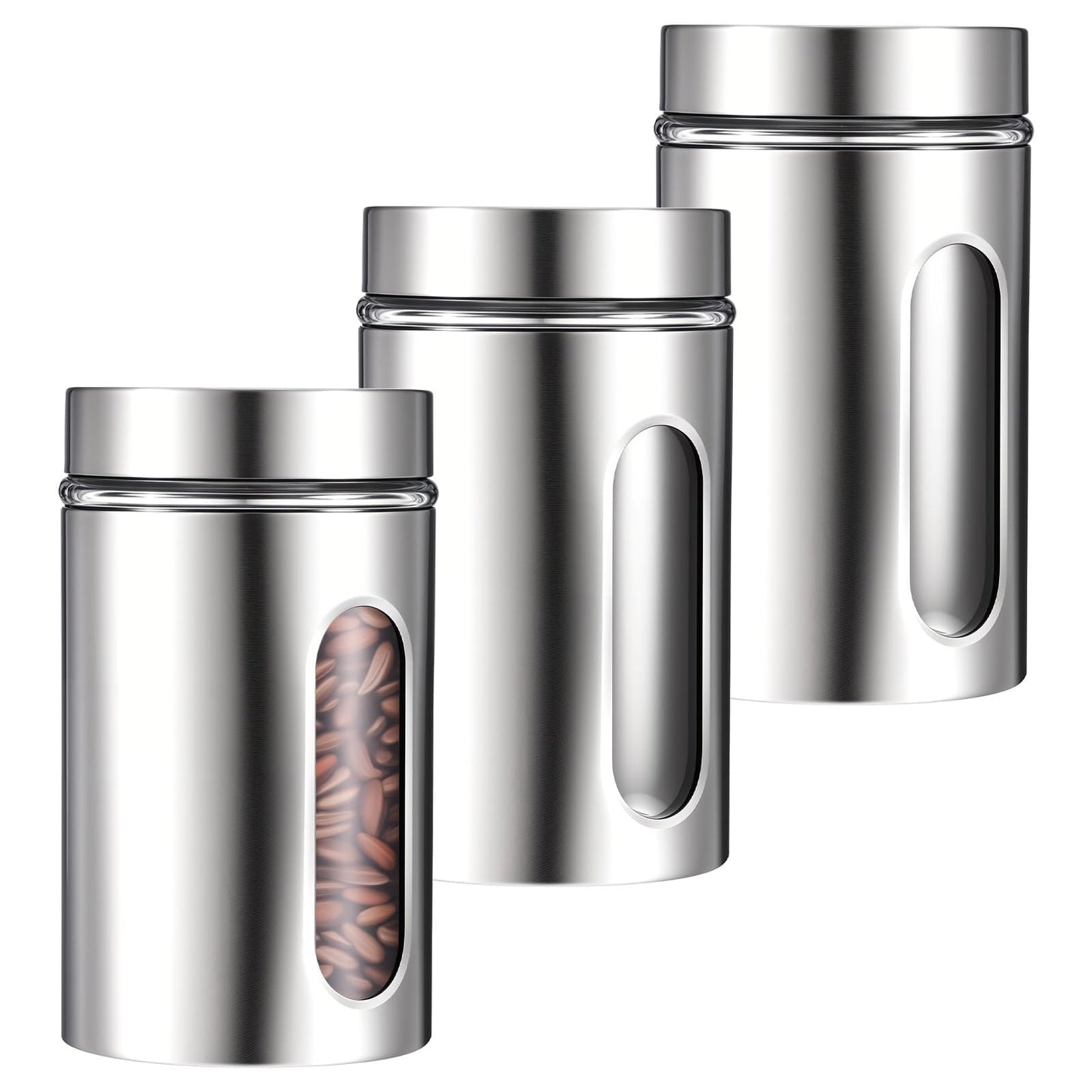 3 Pack Large Kitchen Canisters Set Airtight Coffee Sugar Tea Candy Storage Jars with Window Glass Stainless Steel Containers with Lids for Flour Cookies Spices Grains Kitchen Decorations(32oz)
