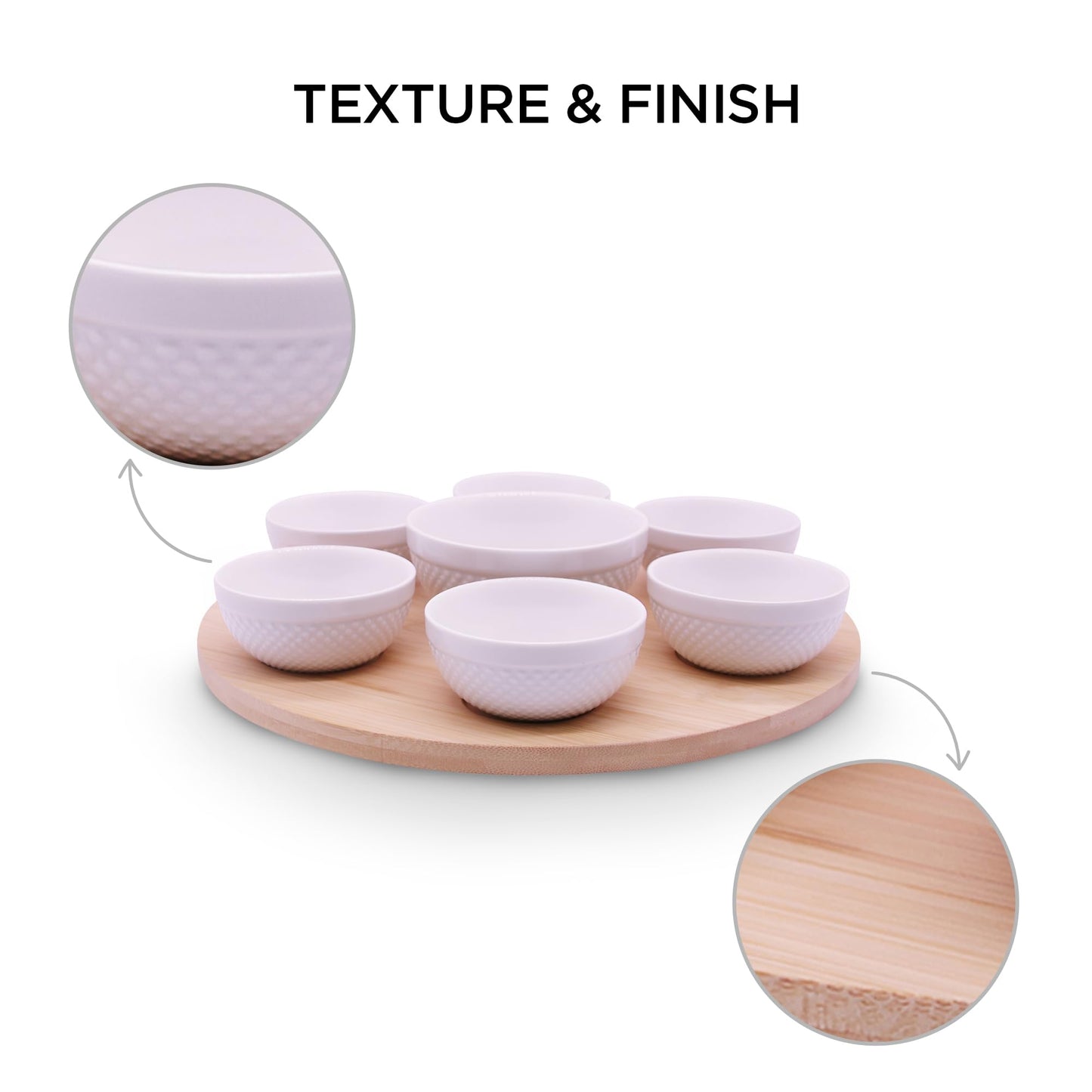 Rotating Bamboo Serving Tray with 6 Small Ceramic Condiment Bowls and 1 Larger Center Bowl - Lazy Susan Style Elegant Serving Set for Dips, Snacks, Appetizers, and More