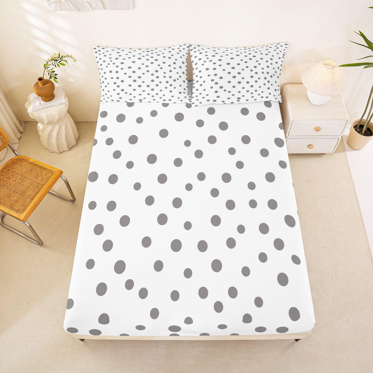 jejeloiu Polka Dots Fitted Sheet with 2 Pillowcases Full Size White Gray Bed Sheets Set 16" Deep Pocket Boys Girls Circles Geometric Bedding Modern Simple Teens Bedroom Decor Breathable Soft