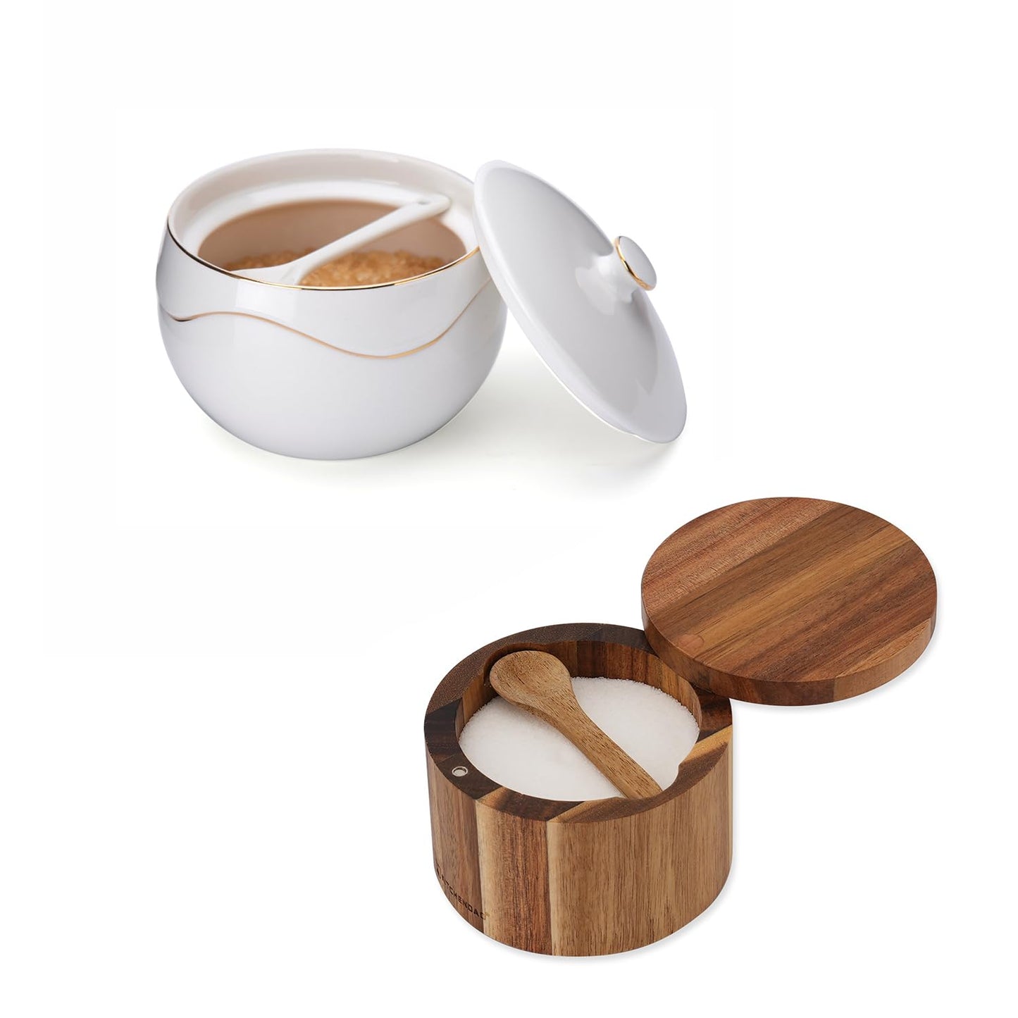 KITCHENDAO Porcelain Sugar Bowl and Acacia Wood Salt Cellar Bowl Box with Spoon