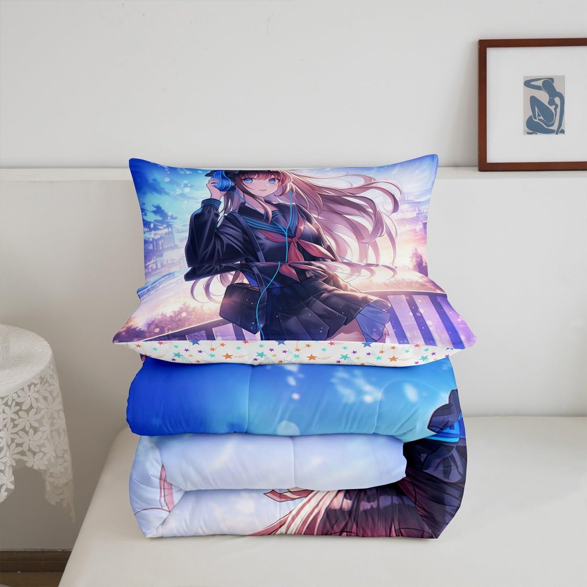 Erosebridal Anime Girl Bedding Set Full Size, Japanese Anime Comforter Set for Kids Boys Teens Bedroom Decor, Cartoon Girl Duvet Insert Kawaii Japanese Animation Quilt with 2 Pillow Cases