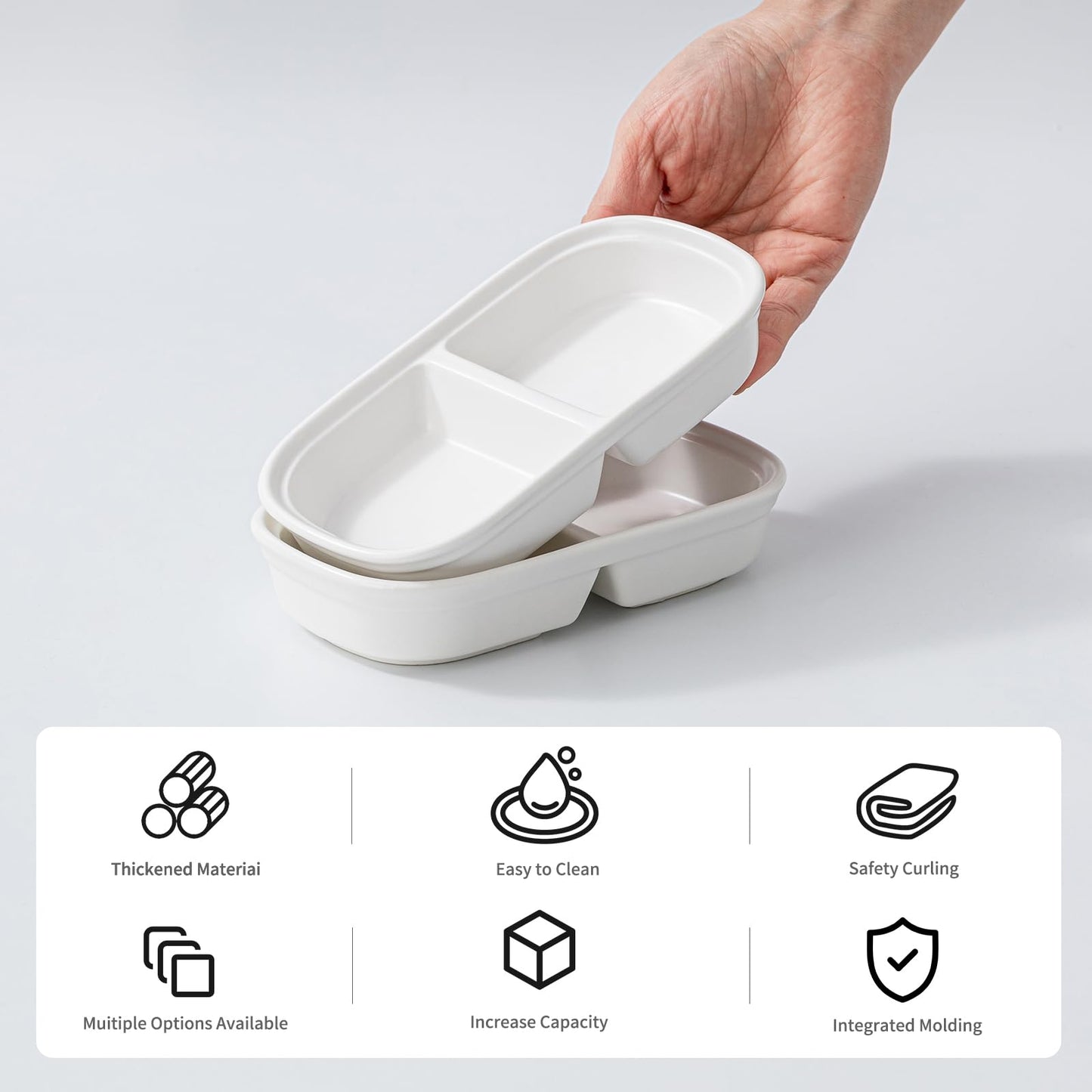 KAMAIDI 2PCS Ceramic Dishes, Ceramic Dish Stainless Steel Soy Tomato Sauce Salt Vinegar Sugar Spices Flavor Condiment Dip Bowls Korean BBQ Home Kitchen Plates, Two condiment bowls (2 Grids White)