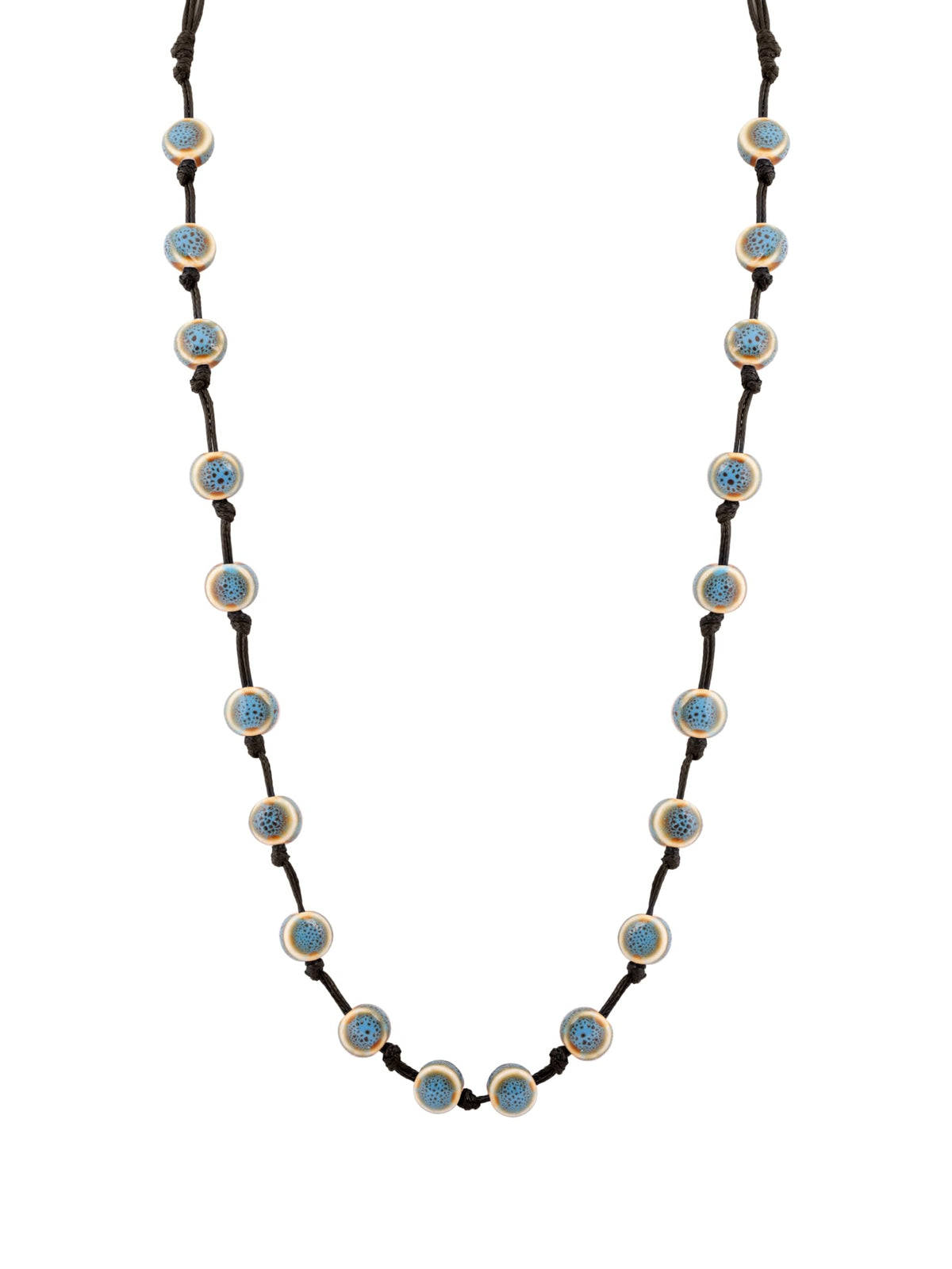 MINACHI Hippie Boho Blue Ceramic Bead Long Strand Necklace, Black Waxed Cord, Bohemian Beach Summer Jewelry Gift for Women